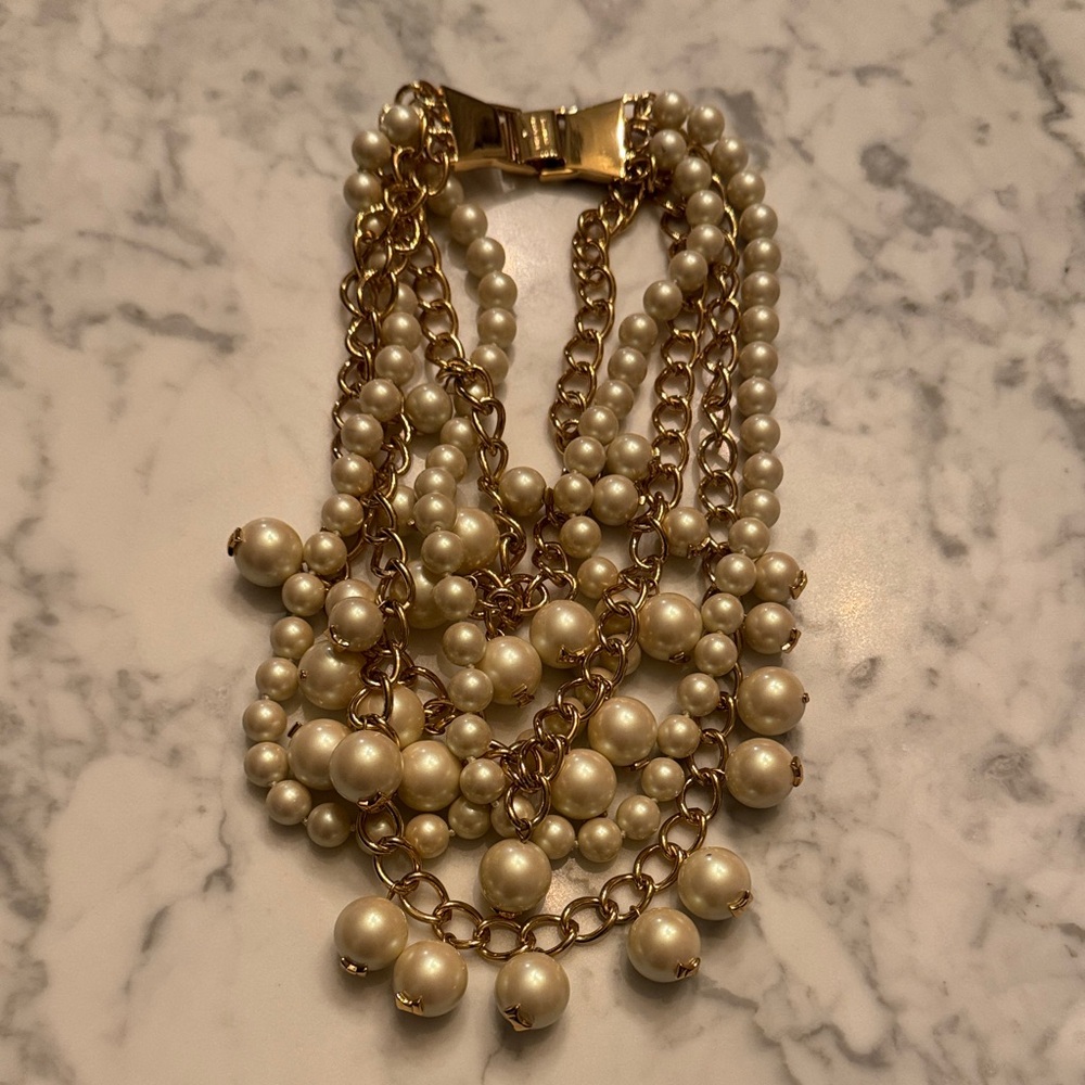 Gold and Pearl Multi-Strand Statement Necklace